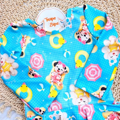 Linha Praia - Maiô Manga Longa Pets com Badinho - Verde Água